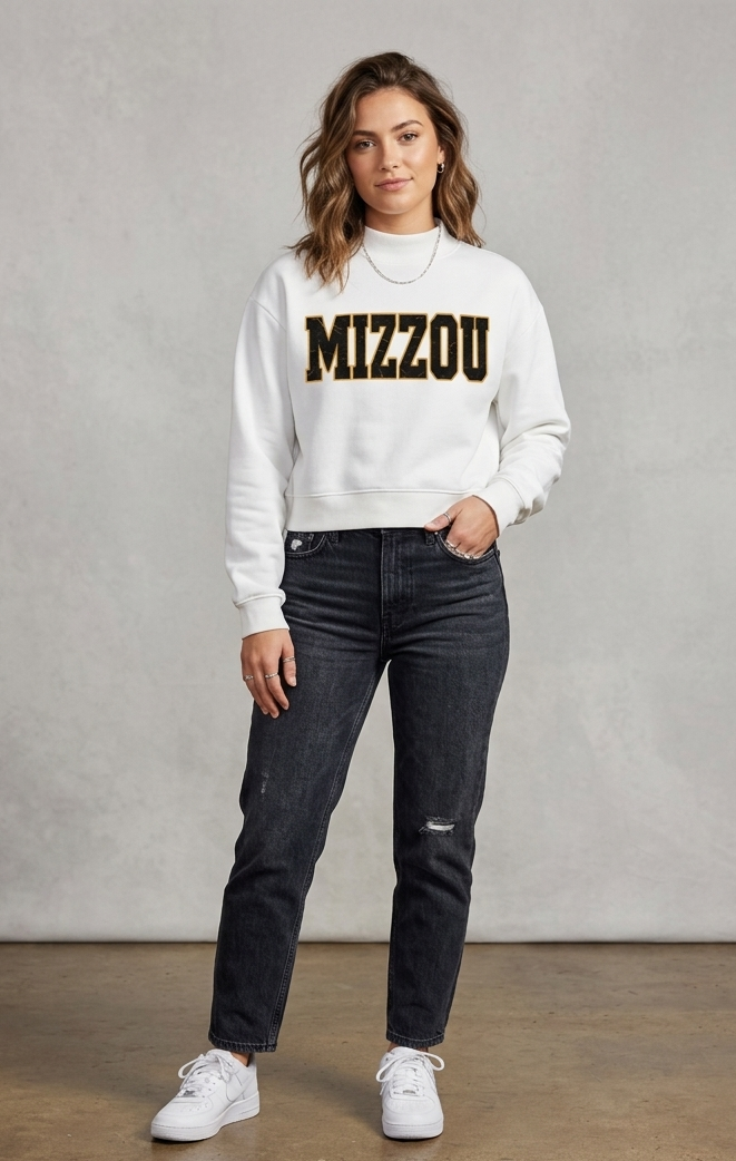 Mizzou Distressed Retro Typography Tee Mock Neck Sweatshirt
