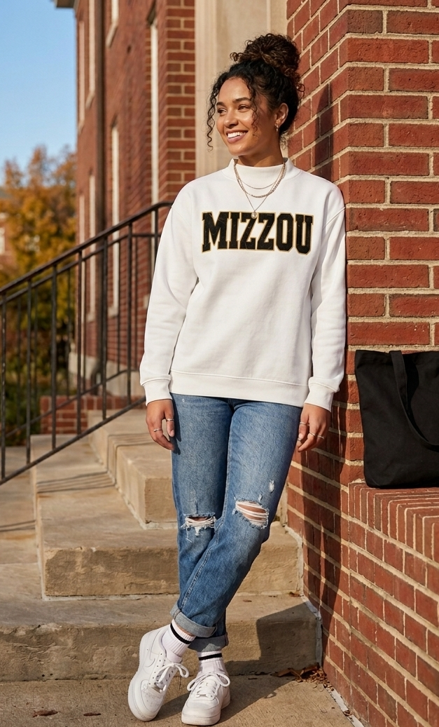 Mizzou Distressed Retro Typography Tee Mock Neck Sweatshirt